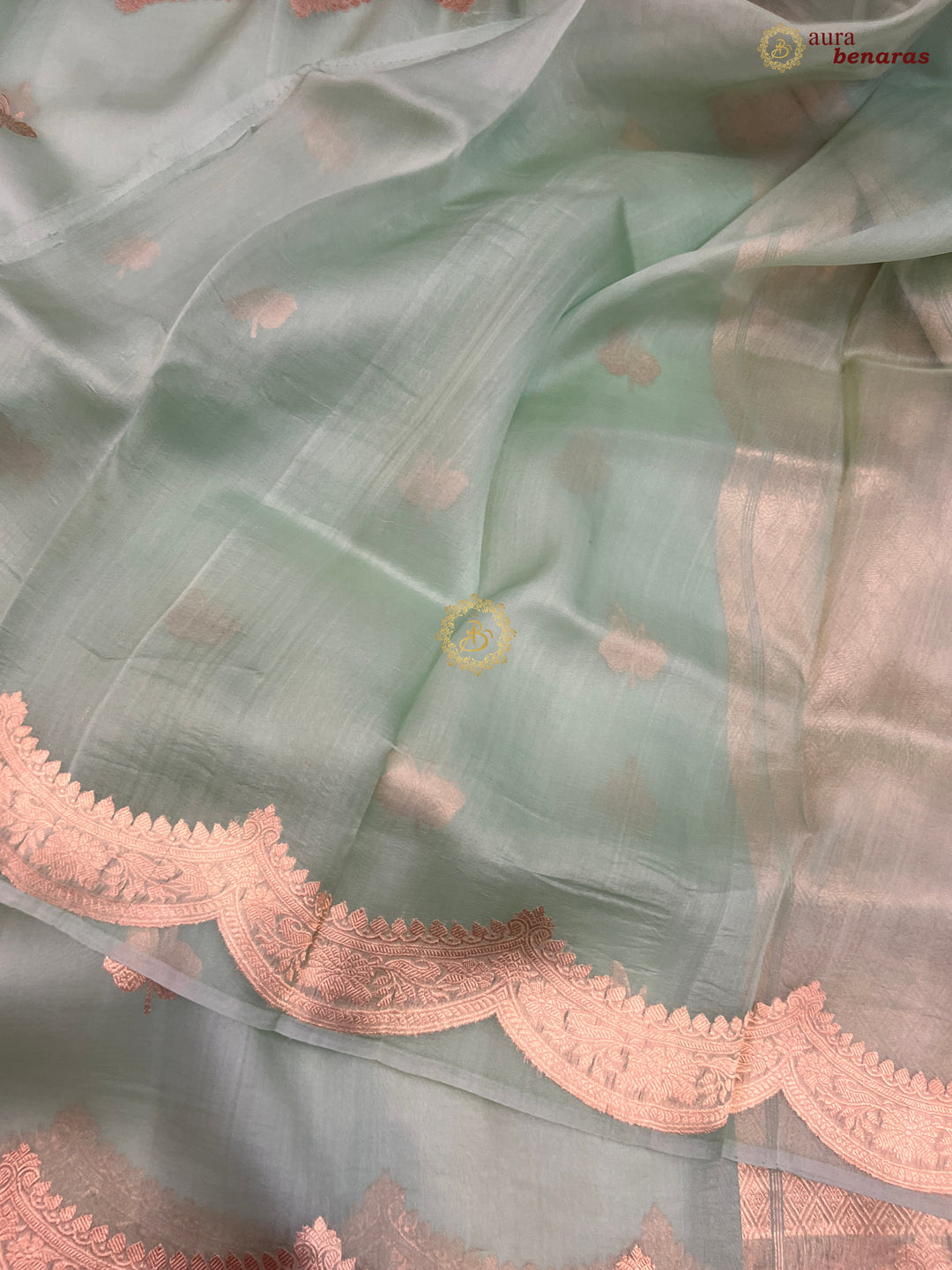 Mint Green Pure Kora Silk Banarasi Saree with Zari Butis 