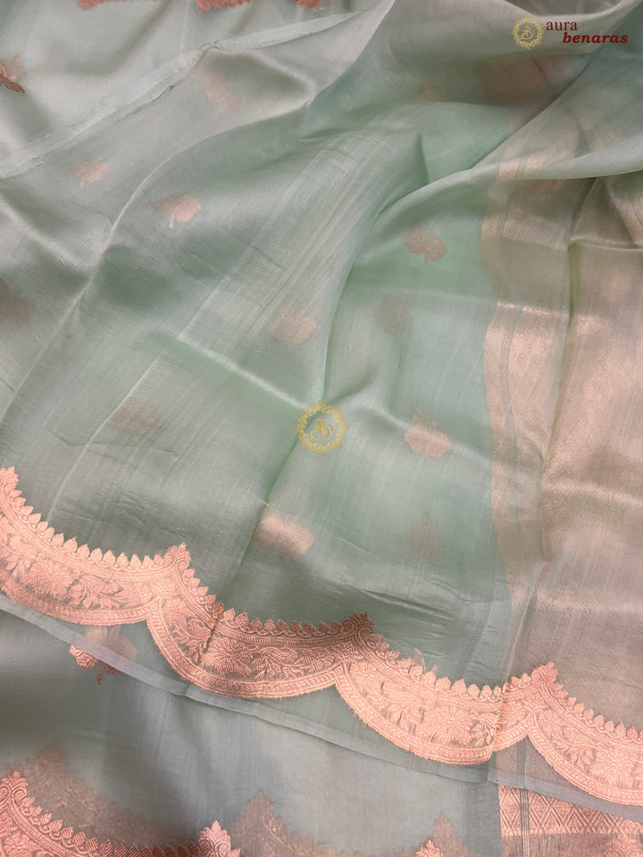 Mint Green Pure Kora Silk Banarasi Saree with Zari Butis 