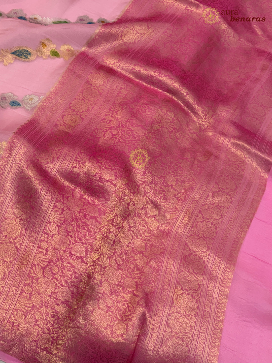Baby Pink Rangkaat Banarasi Handloom Kora Silk Saree 