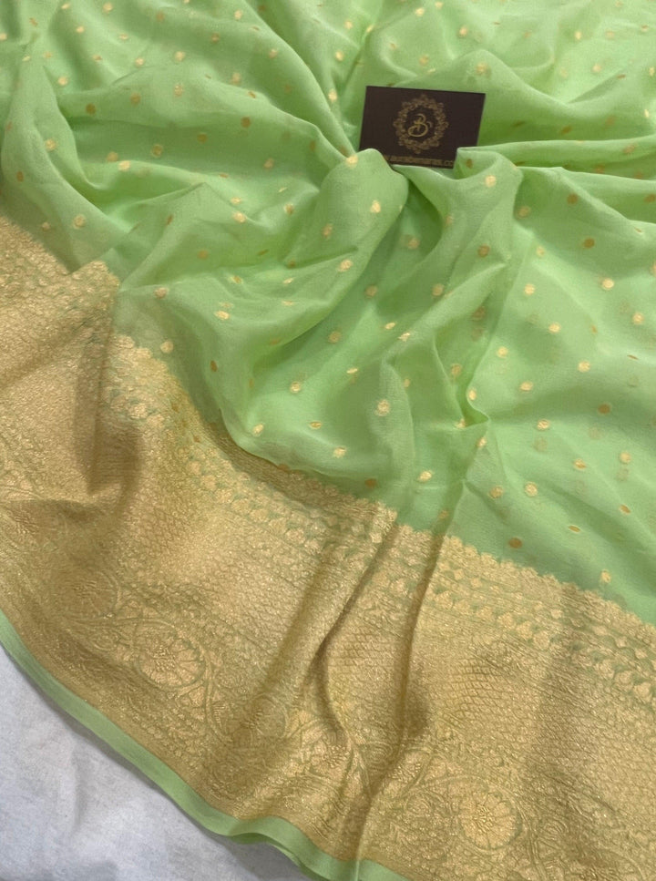 Pista Green Handloom Pure Khaddi Georgette Silk Saree - Aura Benaras