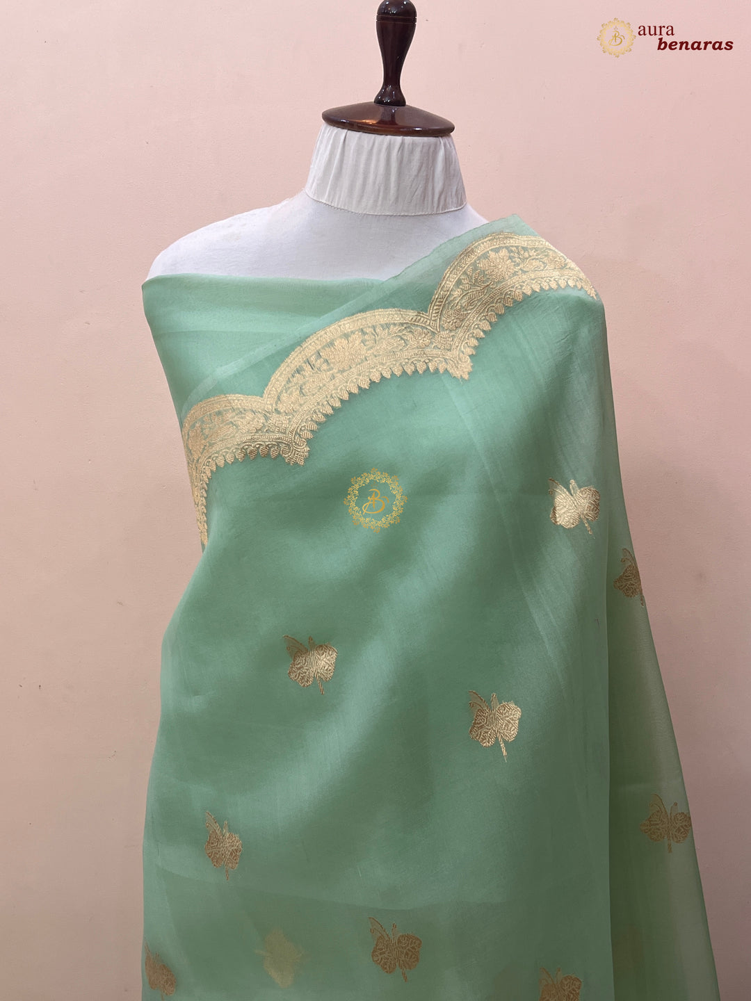 Mint Green Pure Kora Silk Banarasi Saree with Zari Butis 