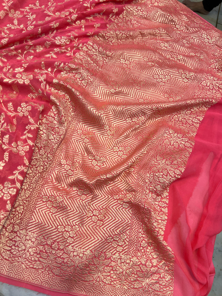 Peach Pure Banarasi Handloom Khaddi Georgette Saree