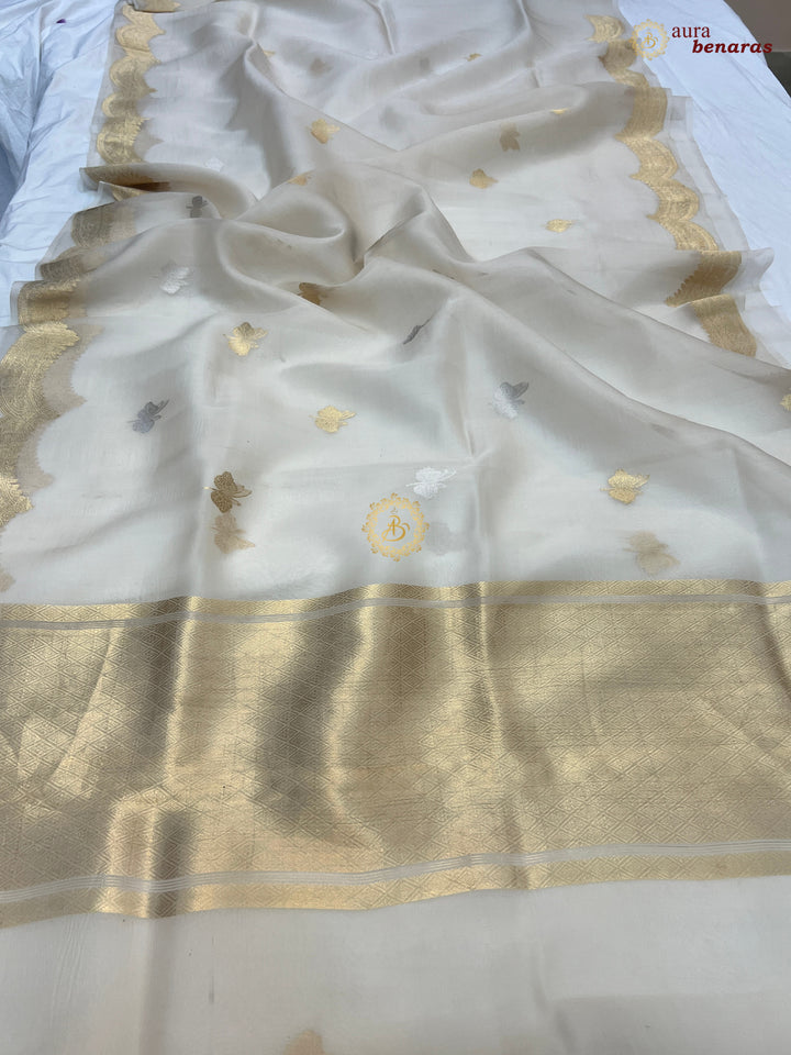 Off White Pure Kora Silk Banarasi Saree with Zari Butis 