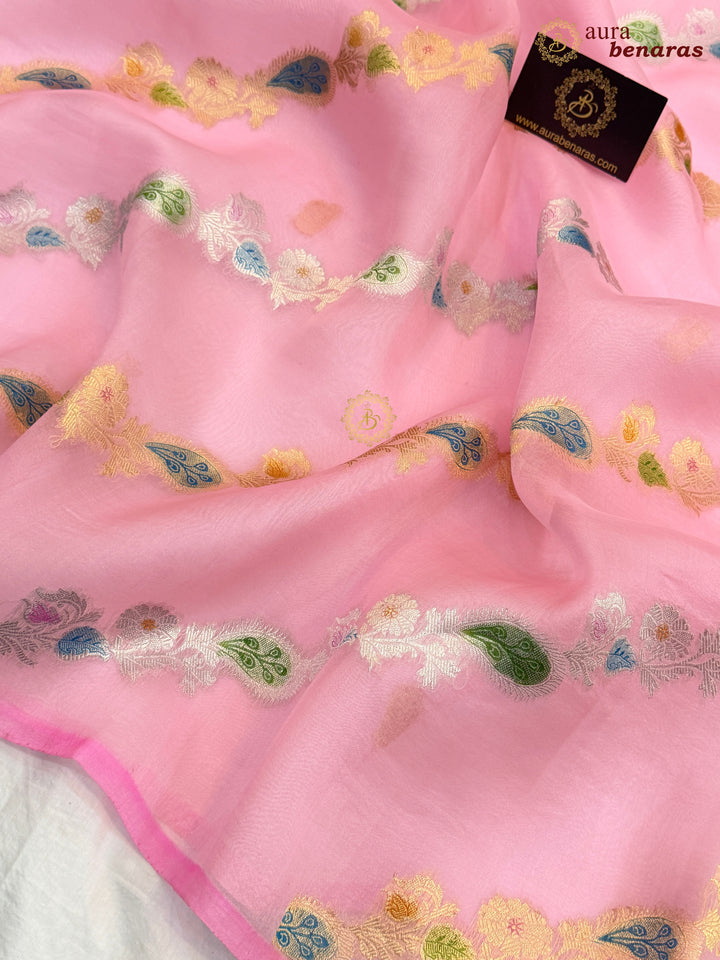 Baby Pink Rangkaat Banarasi Handloom Kora Silk Saree 