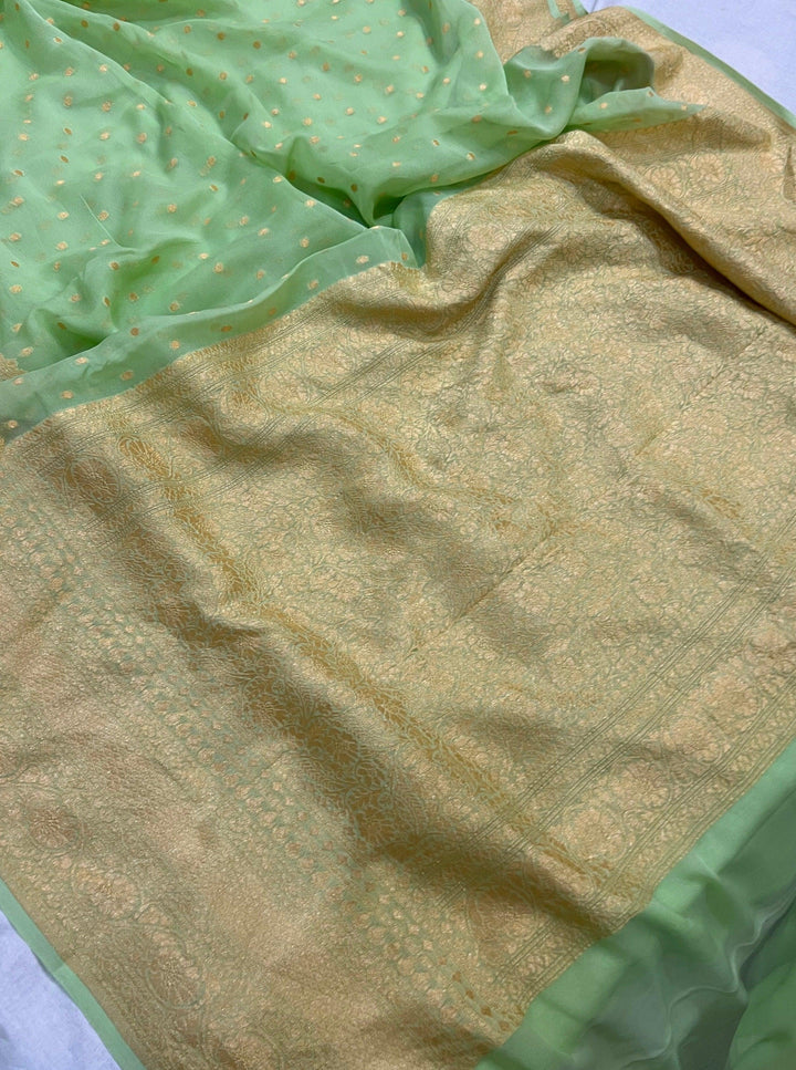 Pista Green Pure Banarasi Khaddi Georgette Saree