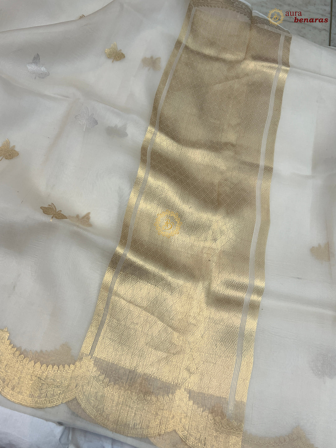 Off White Pure Kora Silk Banarasi Saree with Zari Butis 