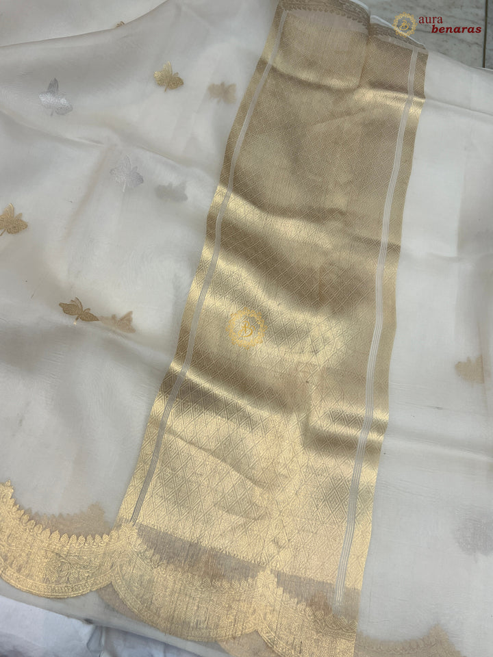 Off White Pure Kora Silk Banarasi Saree with Zari Butis 