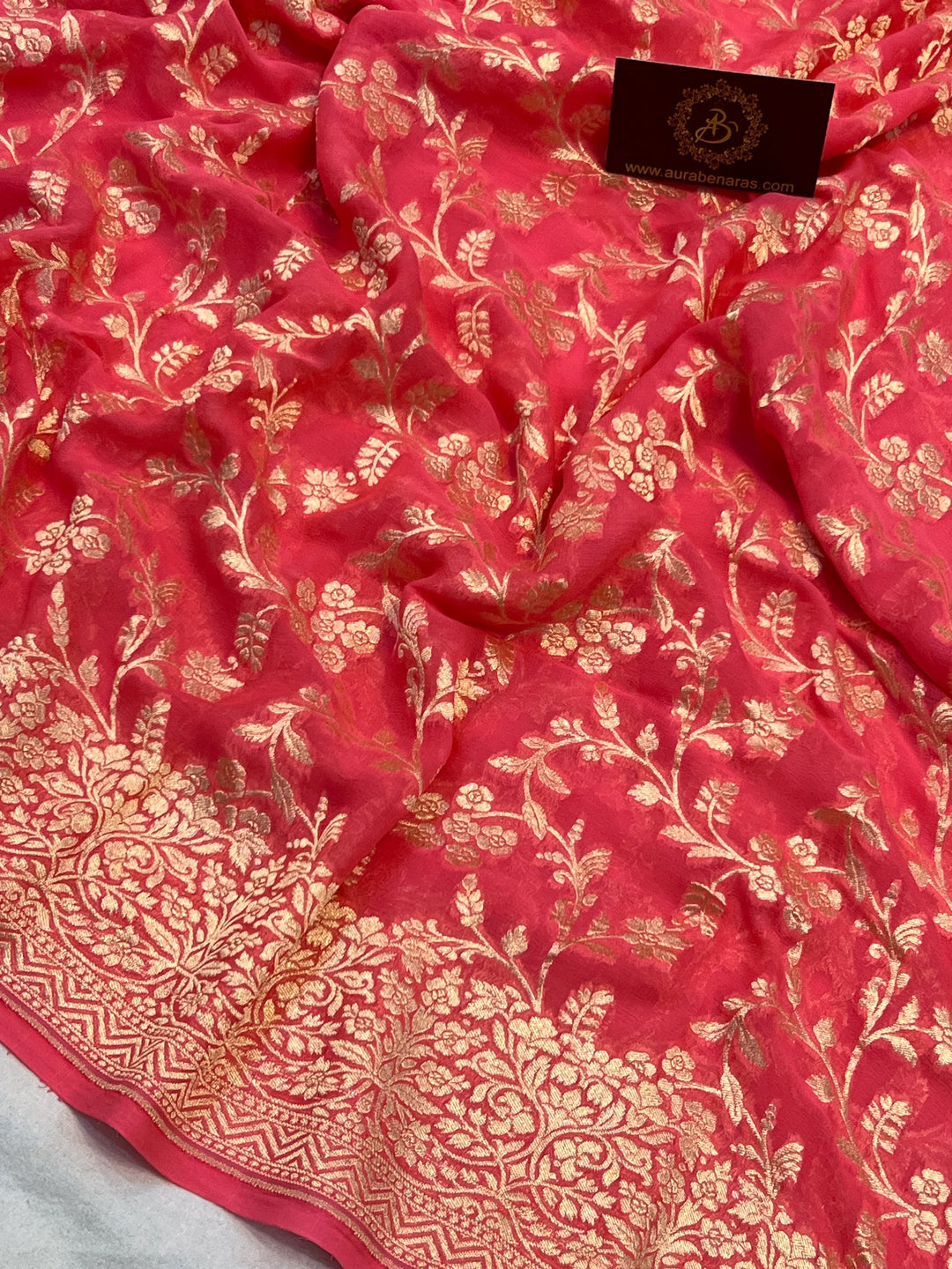 Peach Pure Banarasi Handloom Khaddi Georgette Saree