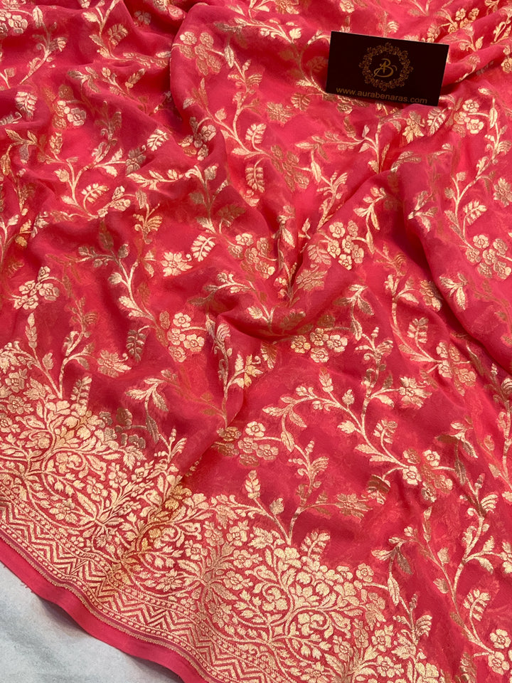 Peach Pure Banarasi Handloom Khaddi Georgette Saree