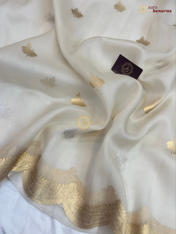 Off White Pure Kora Silk Banarasi Saree with Zari Butis 