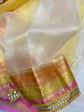 White-Yellow Banarasi Handloom Kora Silk Saree - Aura Benaras