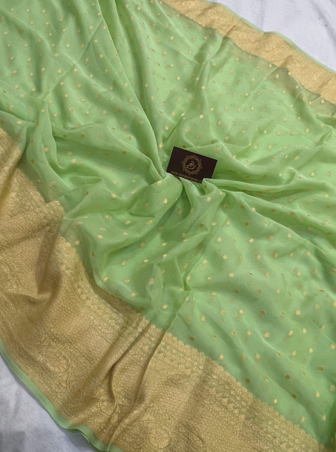 Pista Green Pure Banarasi Khaddi Georgette Saree - Aura Benaras