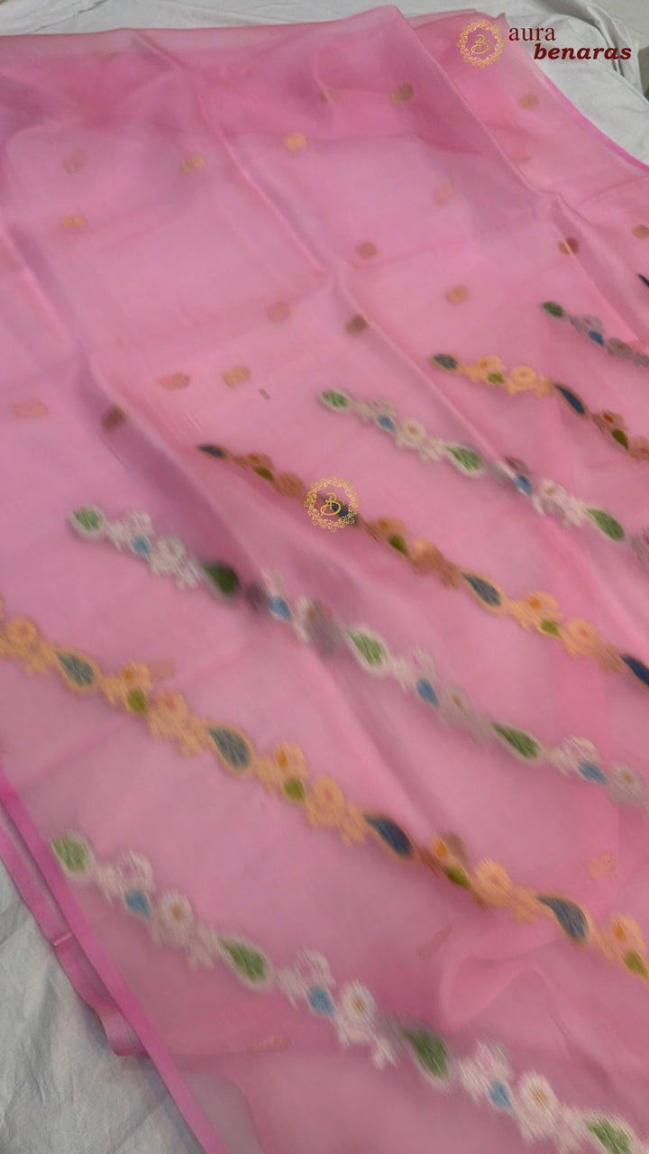 Baby Pink Rangkaat Banarasi Handloom Kora Silk Saree 