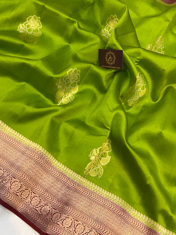 Parrot Green Pure Banarasi Handloom Silk Saree - Aura Benaras