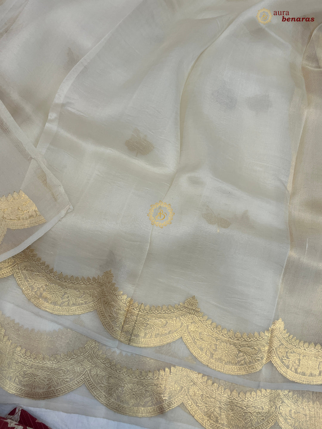 Off White Pure Kora Silk Banarasi Saree with Zari Butis 
