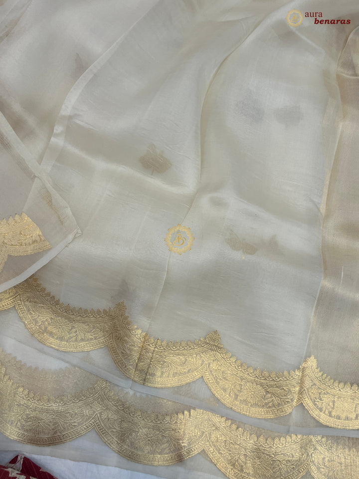 Off White Pure Kora Silk Banarasi Saree with Zari Butis 