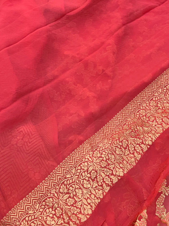 Peach Pure Banarasi Handloom Khaddi Georgette Saree