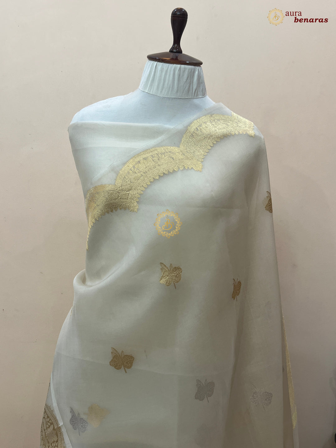 Off White Pure Kora Silk Banarasi Saree with Zari Butis 