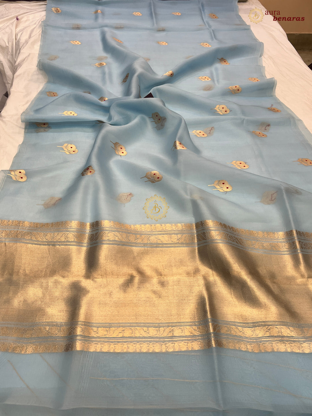 Sky Blue Kora Silk Banarasi Saree with Meenakari Butis