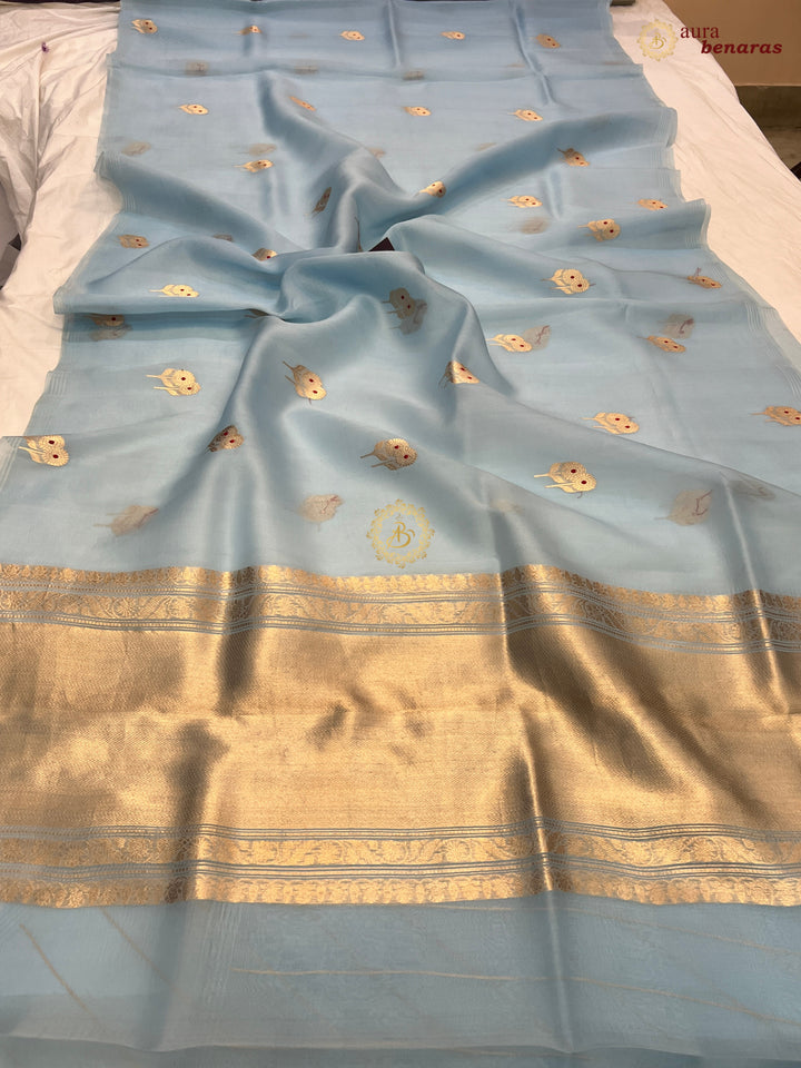 Sky Blue Kora Silk Banarasi Saree with Meenakari Butis