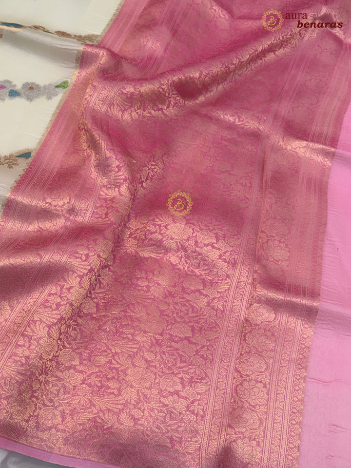 Off White Rangkaat Banarasi Handloom Kora Silk Saree 