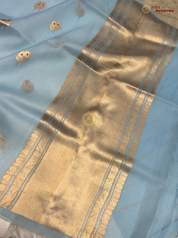 Sky Blue Kora Silk Banarasi Saree with Meenakari Butis