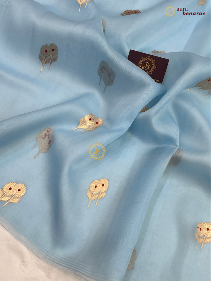 Sky Blue Kora Silk Banarasi Saree with Meenakari Butis