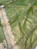 Pista Green Banarasi Handloom Organza Tissue Silk Saree - Aura Benaras