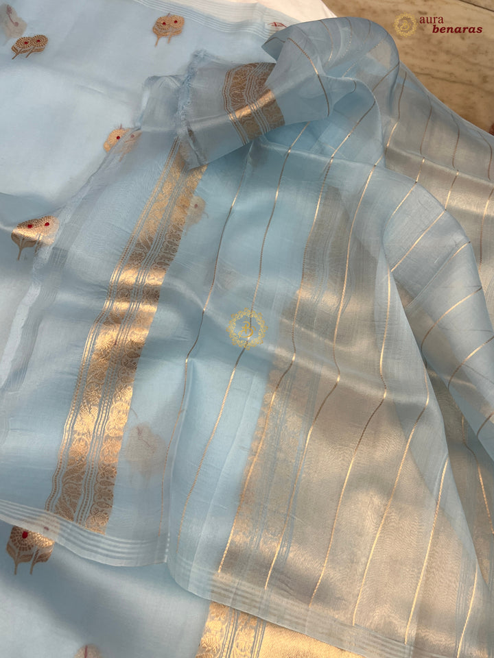 Sky Blue Kora Silk Banarasi Saree with Meenakari Butis