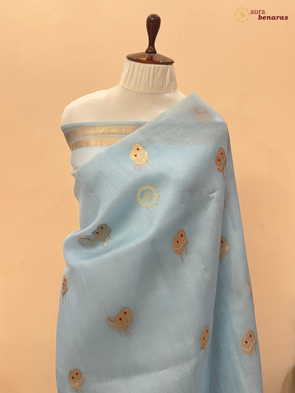 Sky Blue Kora Silk Banarasi Saree with Meenakari Butis