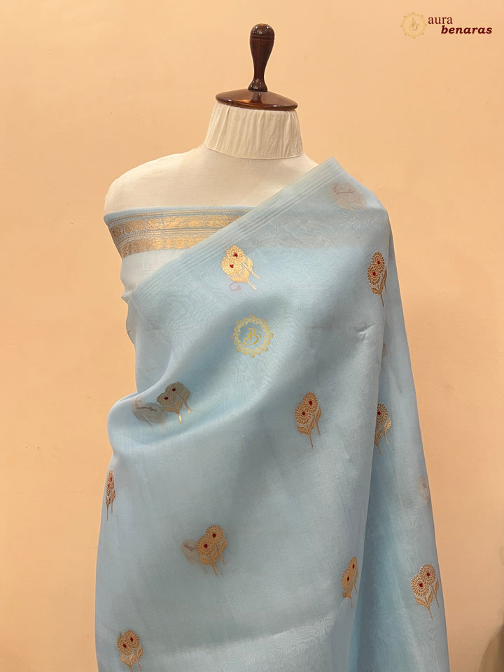 Sky Blue Kora Silk Banarasi Saree with Meenakari Butis