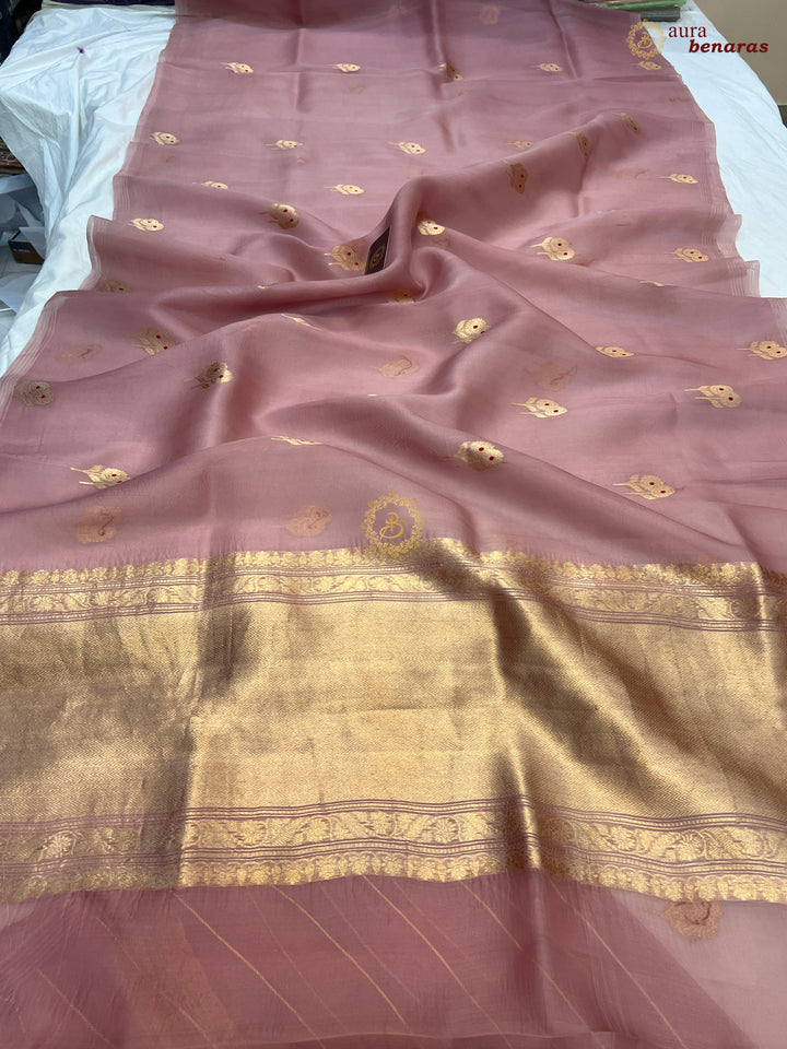 Old Rose Kora Silk Banarasi Saree with Meenakari Butis