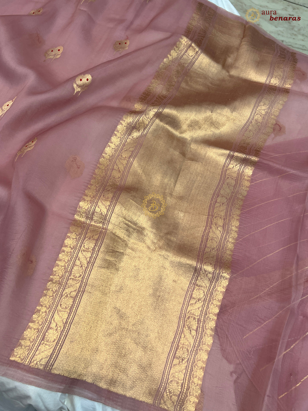 Old Rose Kora Silk Banarasi Saree with Meenakari Butis