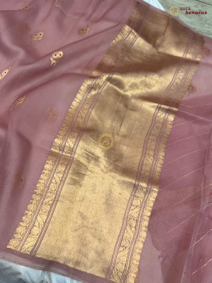 Old Rose Kora Silk Banarasi Saree with Meenakari Butis