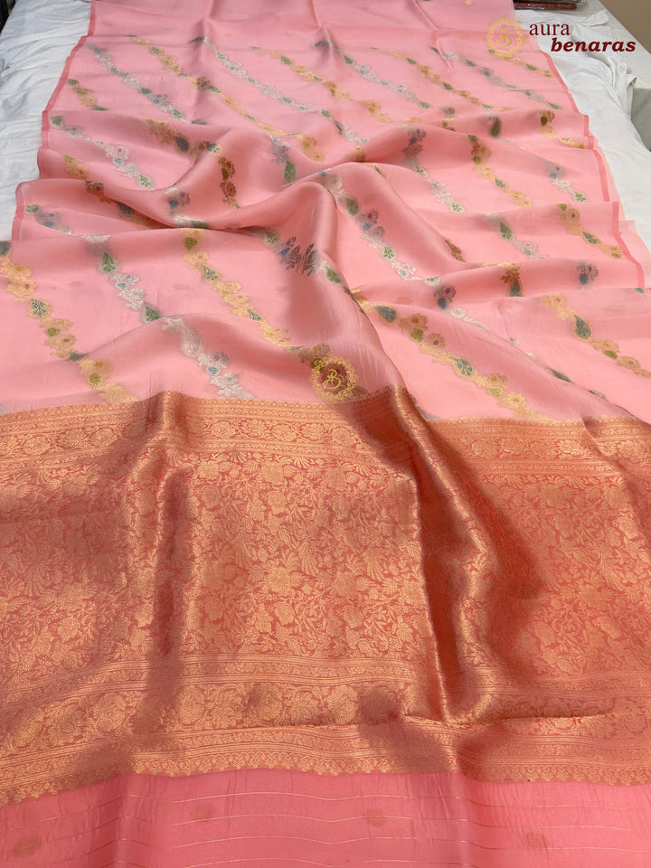 Pastel Peach Rangkaat Banarasi Handloom Kora Silk Saree 