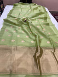 Pista Green Banarasi Handloom Kora Silk Saree - Aura Benaras