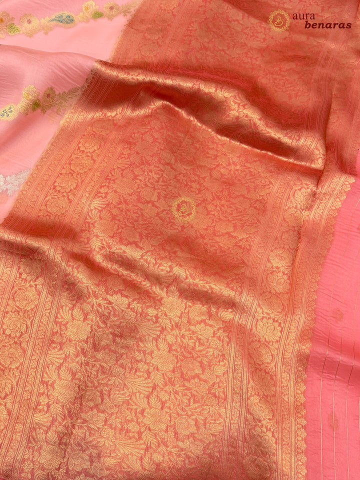 Pastel Peach Rangkaat Banarasi Handloom Kora Silk Saree 