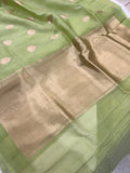 Pista Green Banarasi Handloom Kora Silk Saree - Aura Benaras