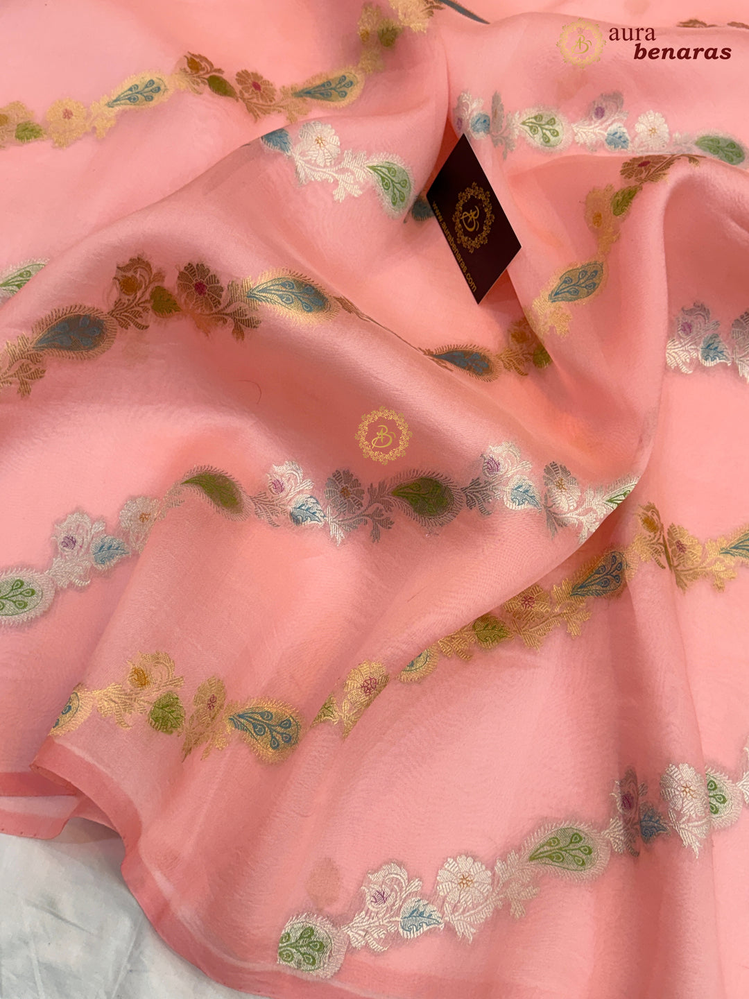 Pastel Peach Rangkaat Banarasi Handloom Kora Silk Saree 