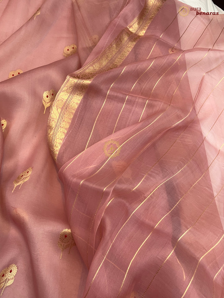 Old Rose Kora Silk Banarasi Saree with Meenakari Butis