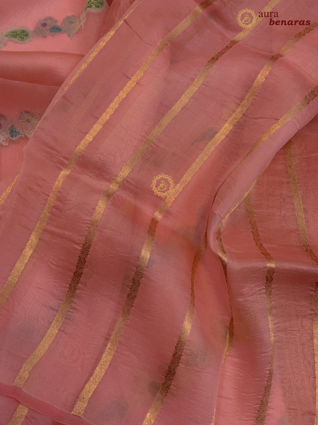Pastel Peach Rangkaat Banarasi Handloom Kora Silk Saree 