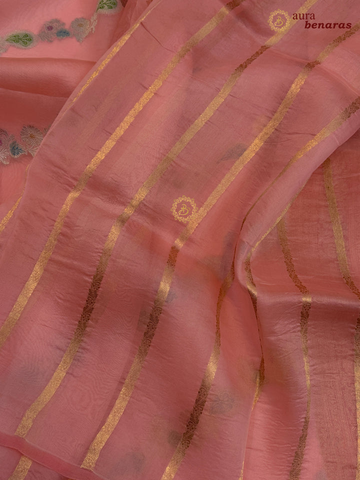 Pastel Peach Rangkaat Banarasi Handloom Kora Silk Saree 