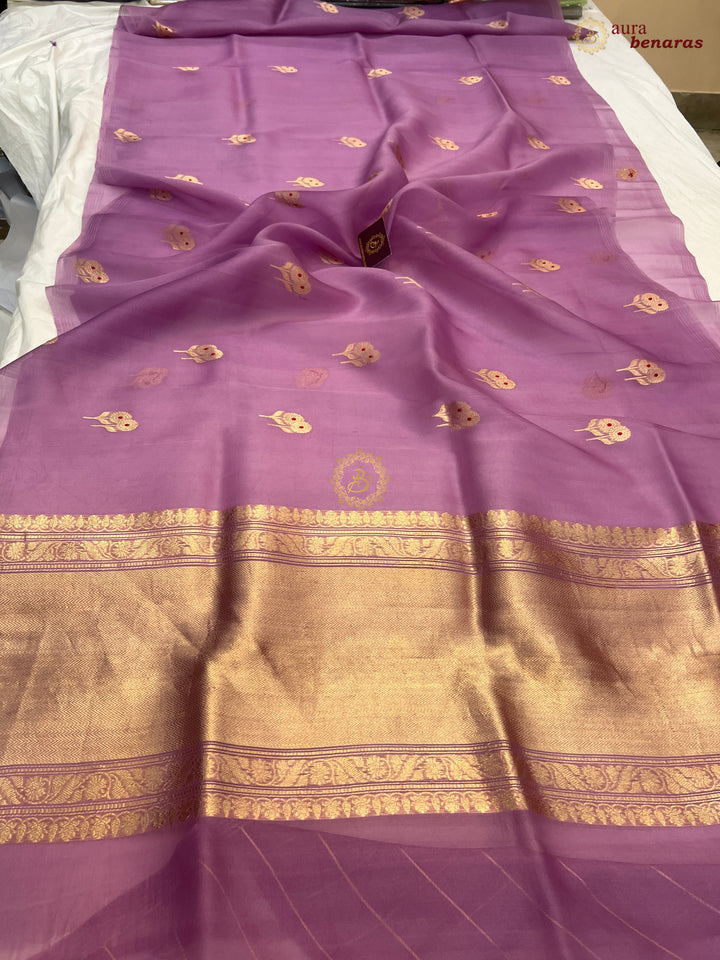 Lavender Kora Silk Banarasi Saree with Meenakari Butis