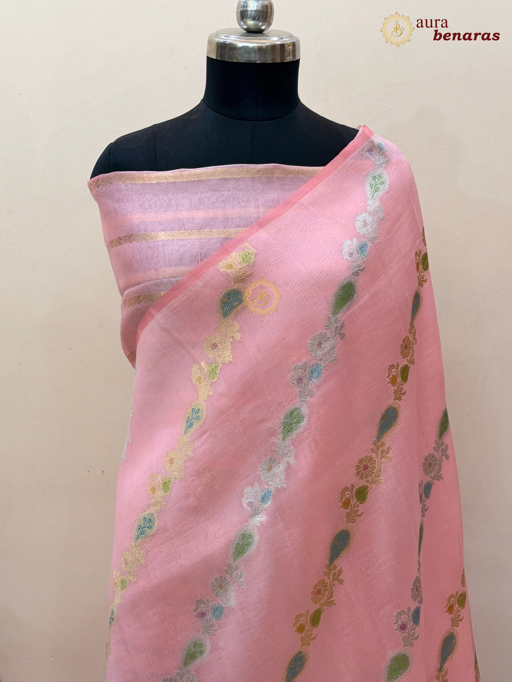 Pastel Peach Rangkaat Banarasi Handloom Kora Silk Saree 