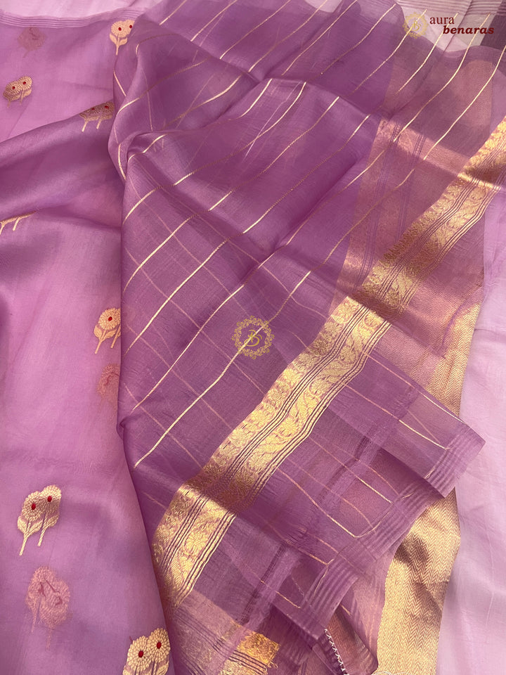 Lavender Kora Silk Banarasi Saree with Meenakari Butis