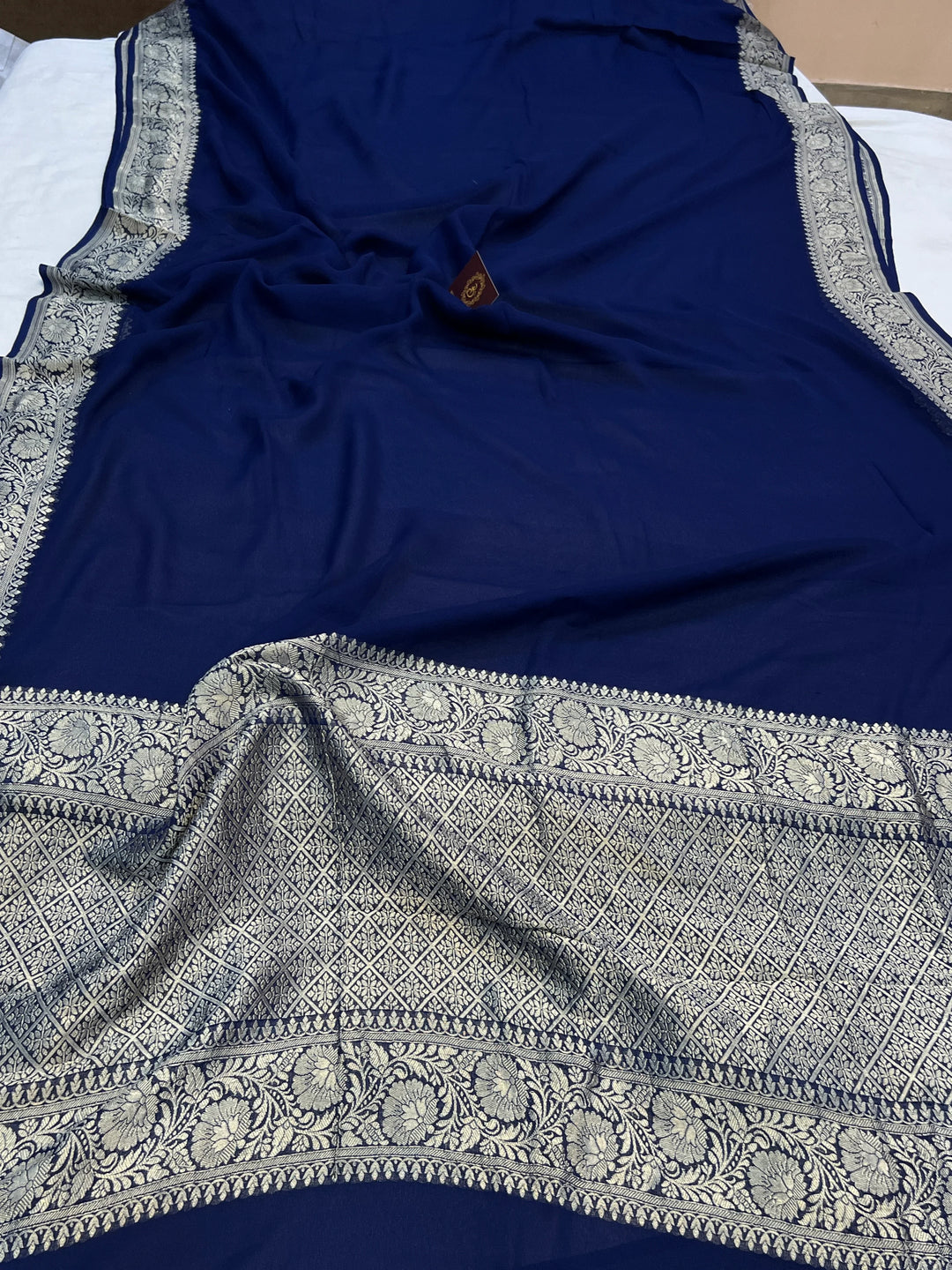 Navy Blue Pure Banarasi Handloom Khaddi Georgette Saree