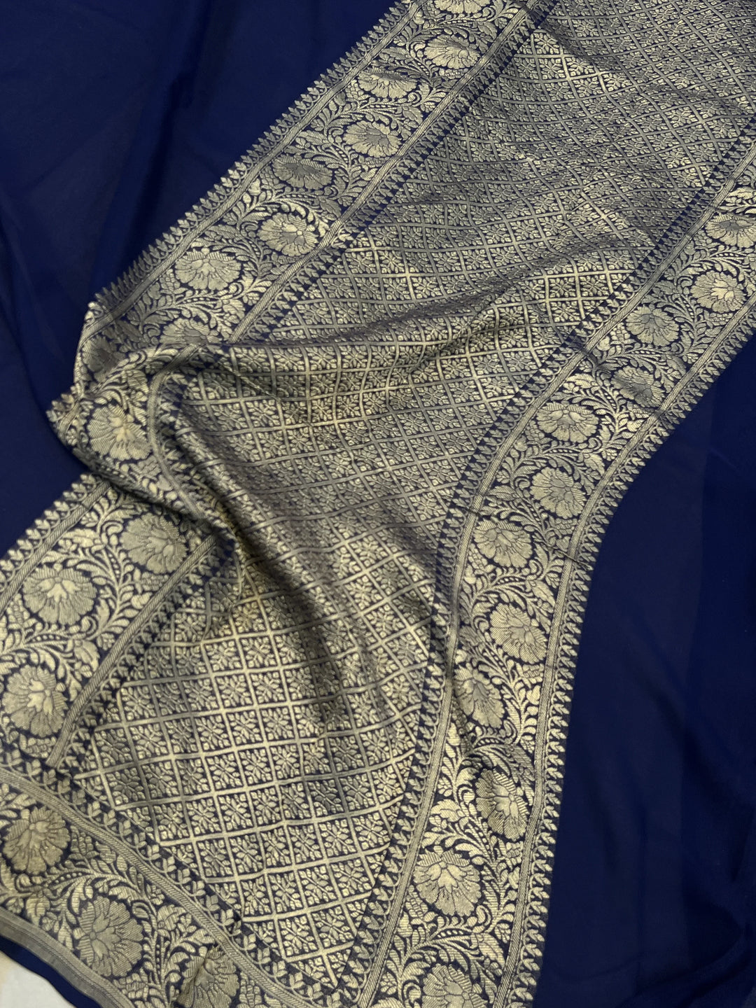 Navy Blue Pure Banarasi Handloom Khaddi Georgette Saree