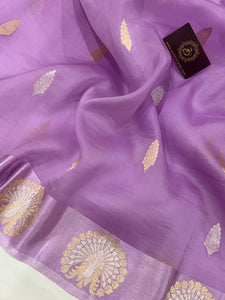 Lavender Banarasi Handloom Kora Silk Saree - Aura Benaras