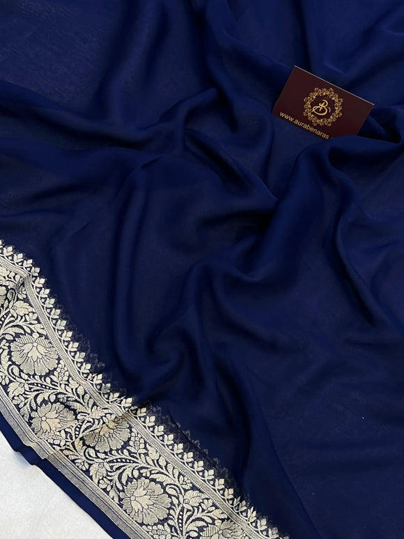 Navy Blue Pure Banarasi Handloom Khaddi Georgette Saree