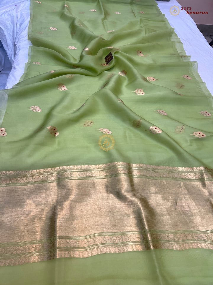 Parrot Green Kora Silk Banarasi Saree with Meenakari Butis